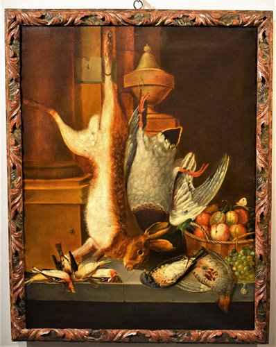 "Still life of game with fruit basket"